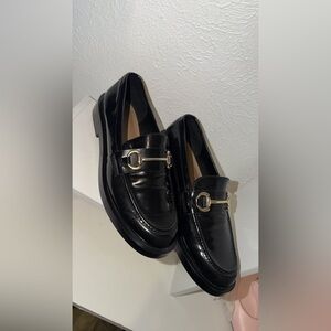 H&M Shiny Black Loafers with Silver Buckle